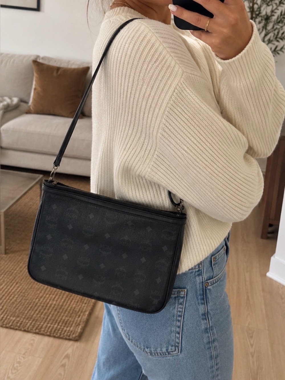 MCM Black Pebbled Leather Messenger Bag with Subtle Monogram